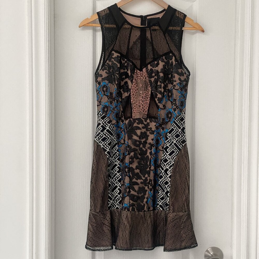 Greylin Lace Dress XS Patchwork Mini Sheer Panel Cocktail Party